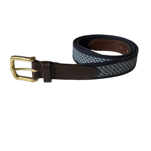 Vineyard Vines Mens Leather & Blue Canvas Whale Nautical Preppy Belt Size 38 - Picture 1 of 6